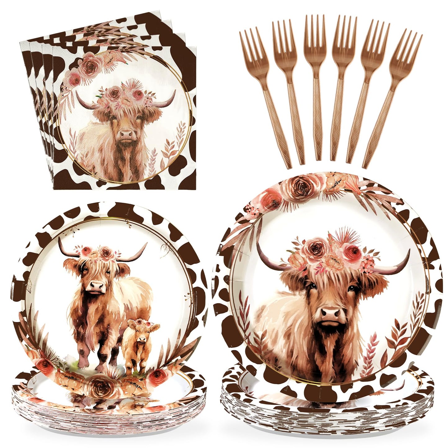 Grencian 96-Pcs Fall Highland Cow Party Supplies – Disposable Tableware for 24 Guests
