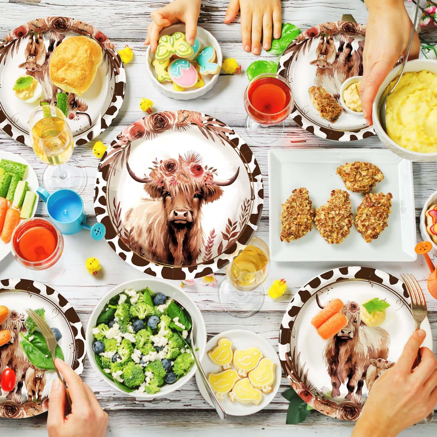 Grencian 96-Pcs Fall Highland Cow Party Supplies – Disposable Tableware for 24 Guests