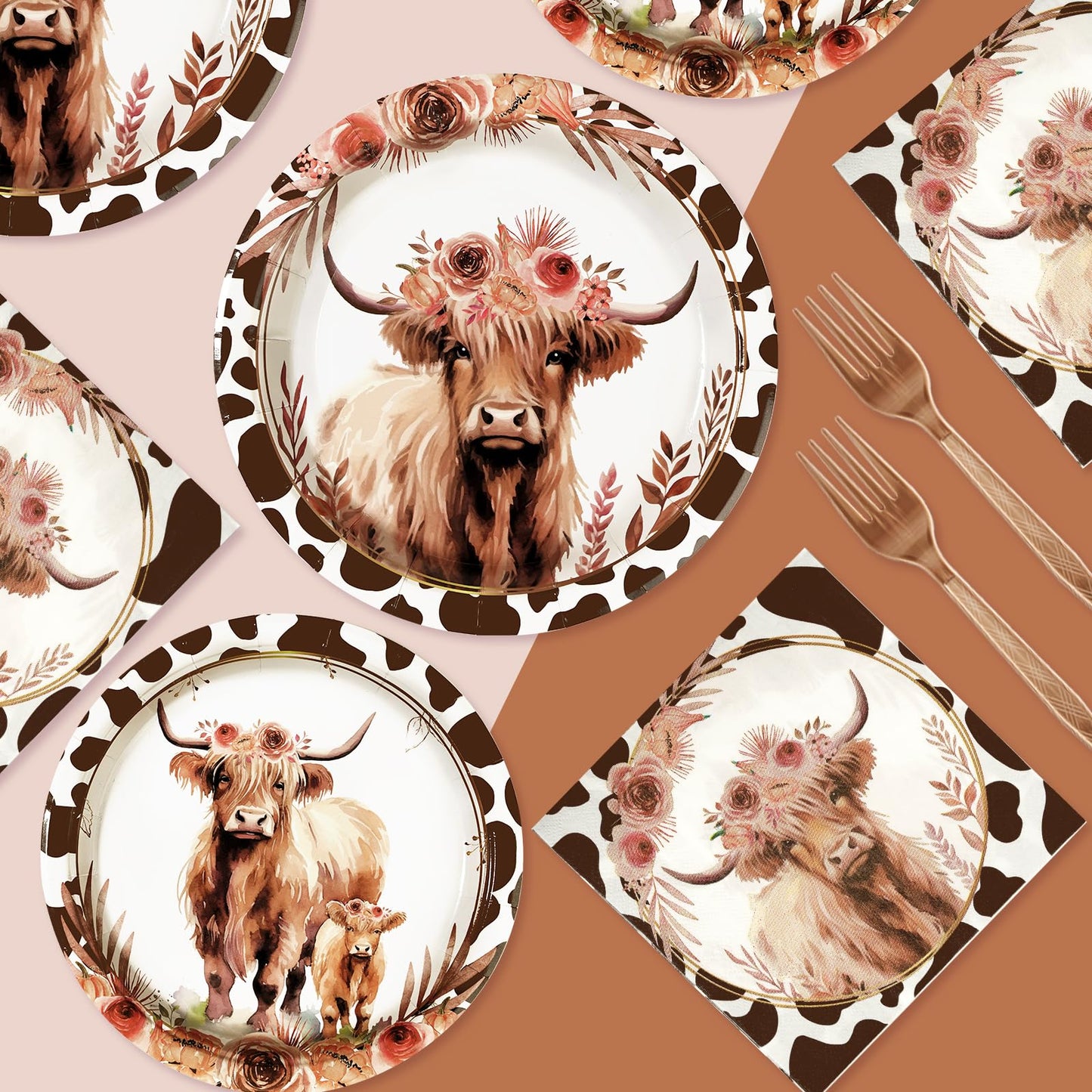 Grencian 96-Pcs Fall Highland Cow Party Supplies – Disposable Tableware for 24 Guests