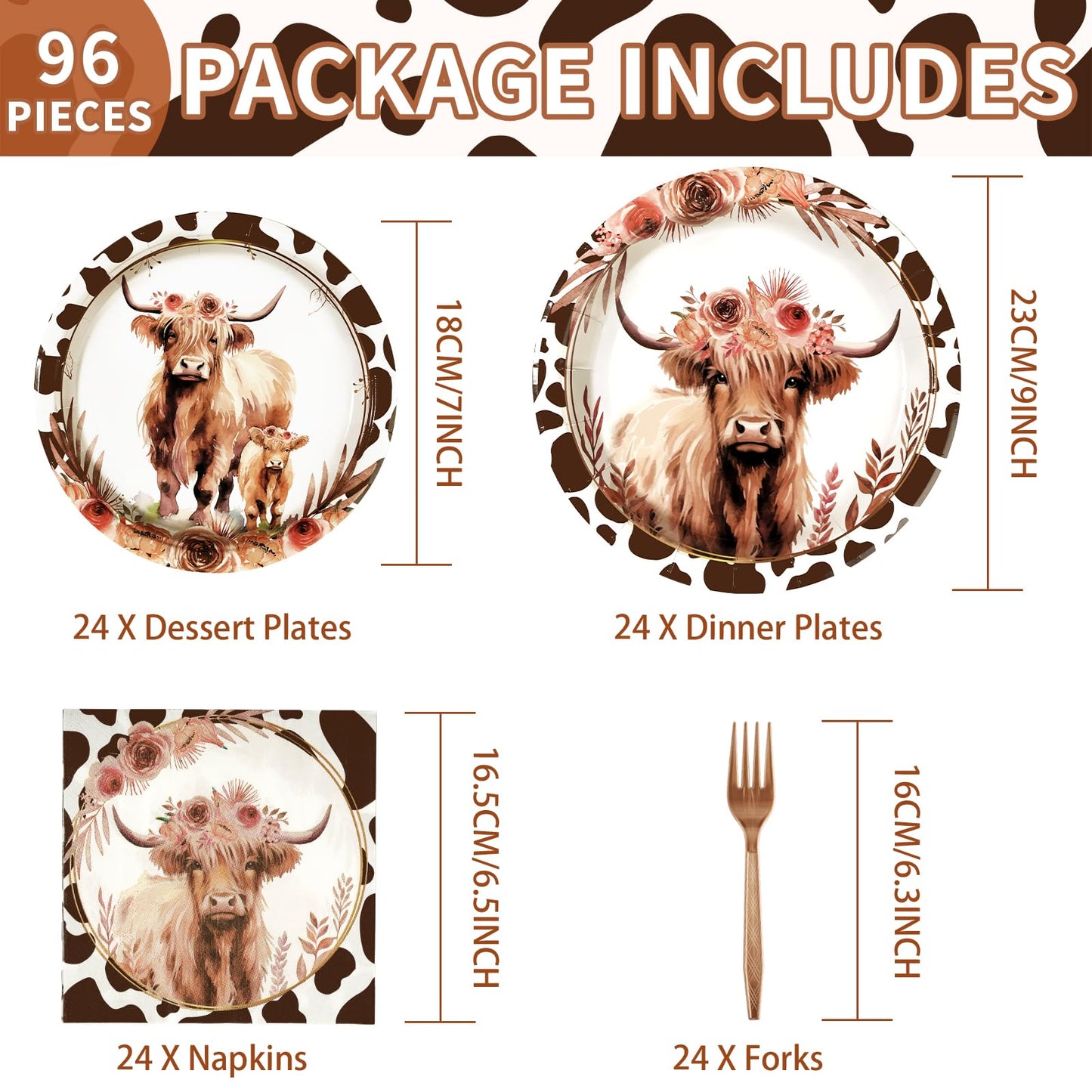 Grencian 96-Pcs Fall Highland Cow Party Supplies – Disposable Tableware for 24 Guests