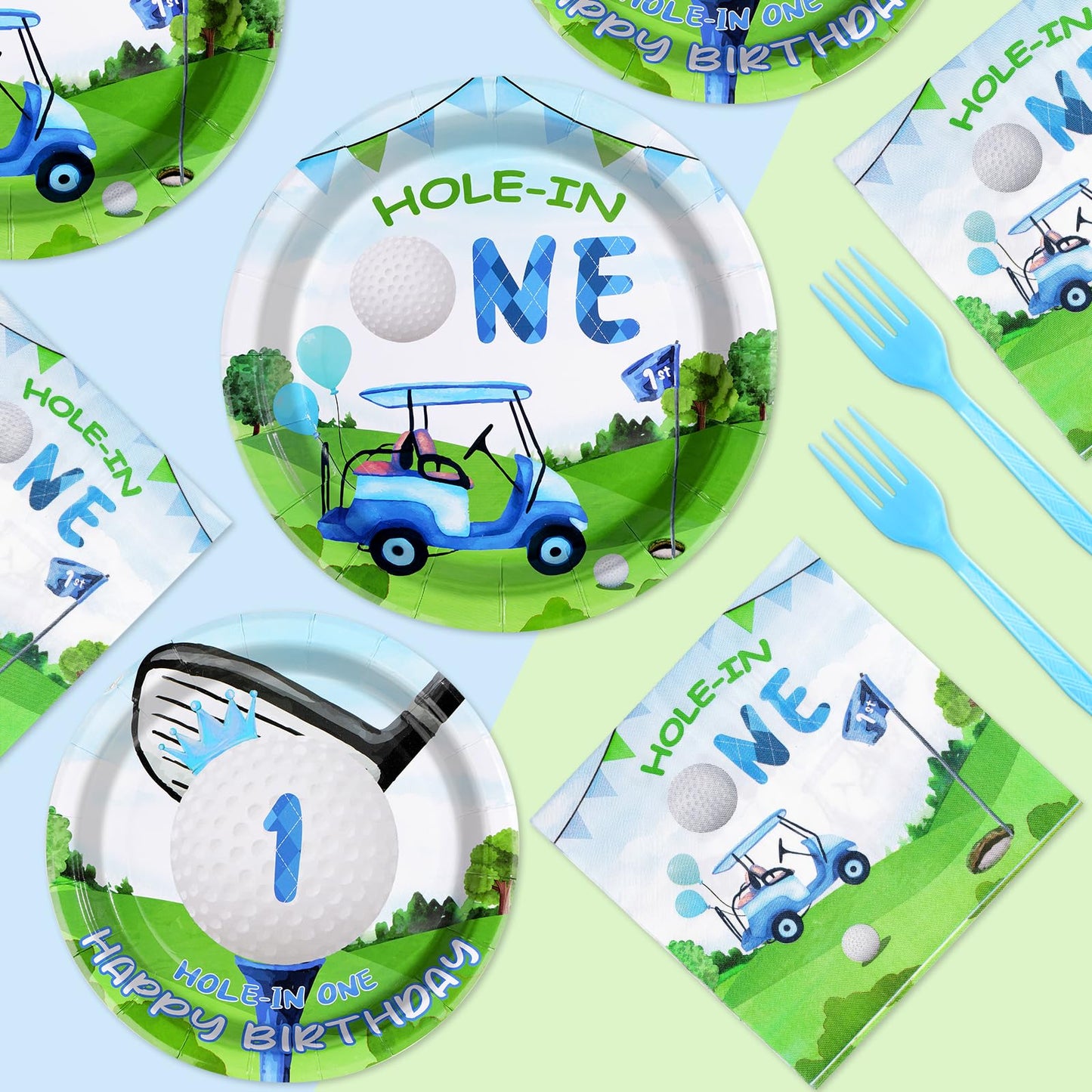 Grencian Golf First Birthday Party Supplies — Hole-in-One Tableware Set (Serves 24)