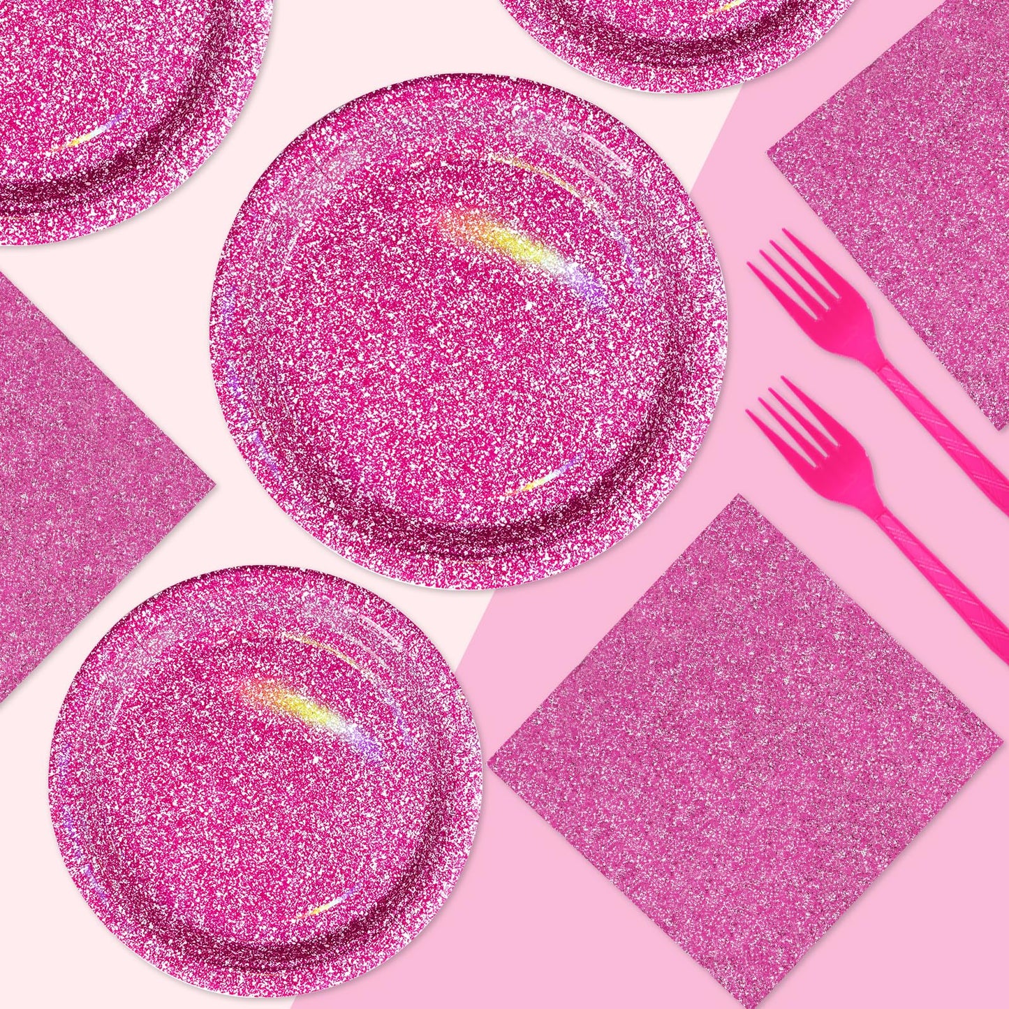 Grencian 96 Pcs Hot Pink Party Supplies – Holographic Plates & Napkins Set for 24