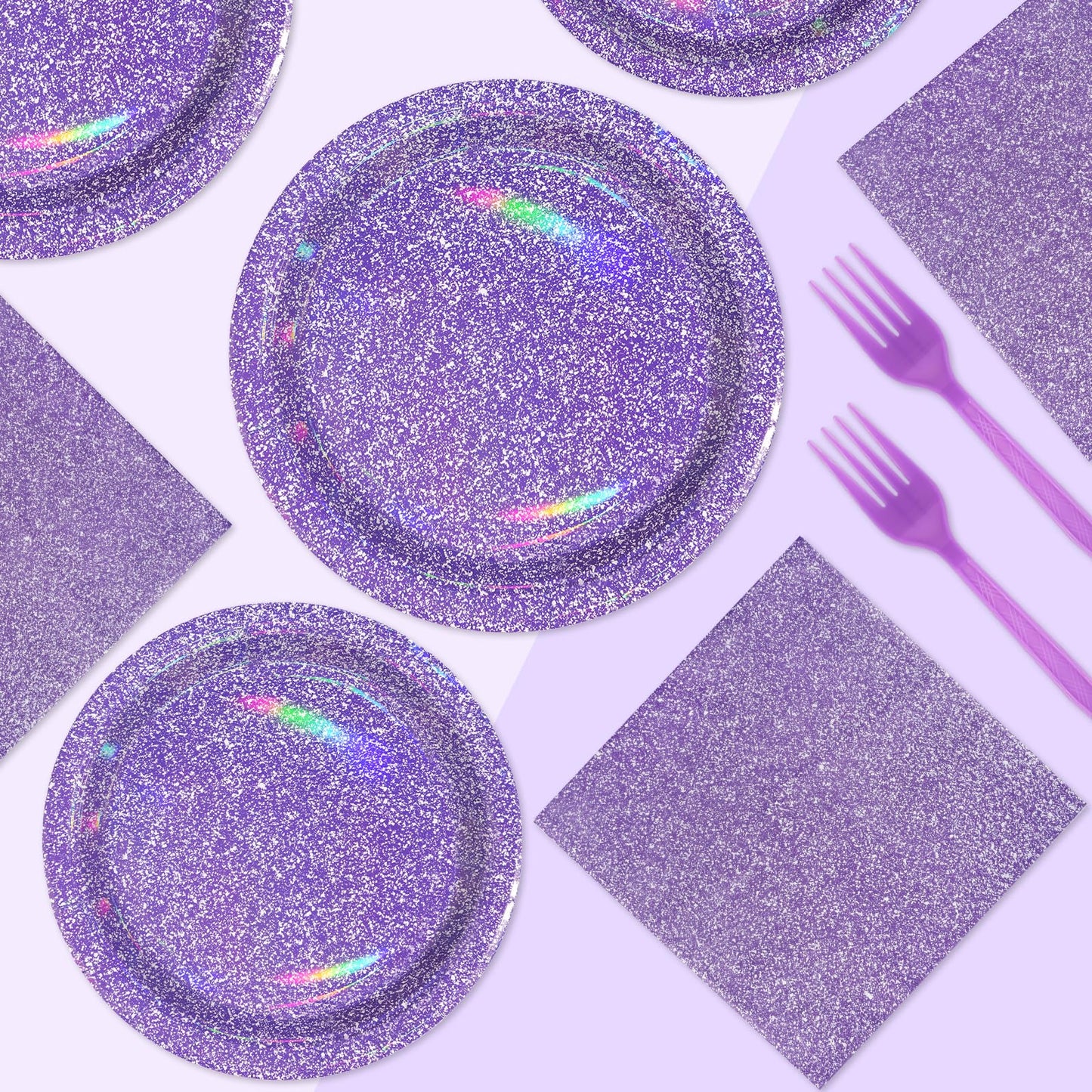 Grencian 96Pcs Purple Party Supplies – Iridescent Plates & Napkins for 24 Guests