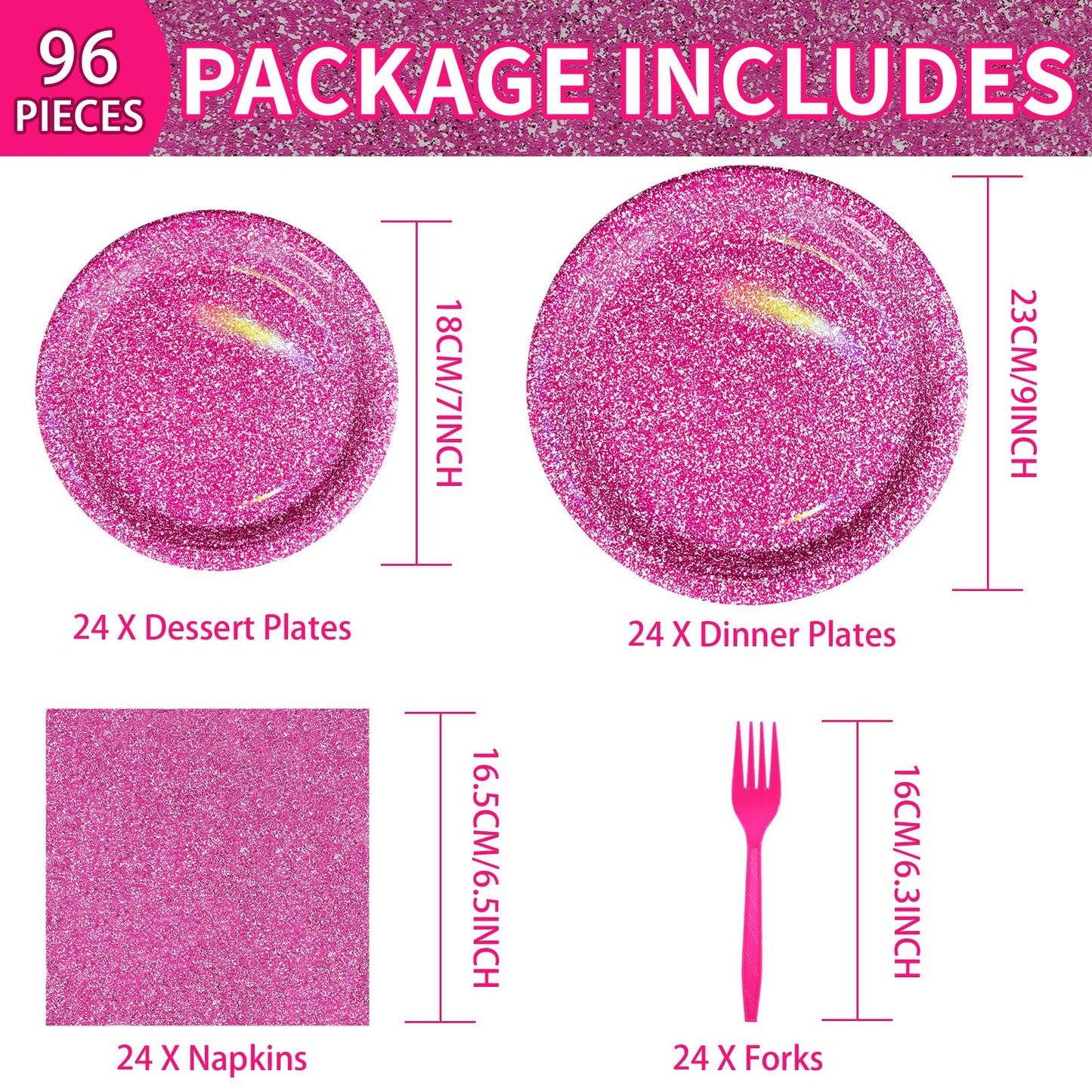 Grencian 96 Pcs Hot Pink Party Supplies – Holographic Plates & Napkins Set for 24