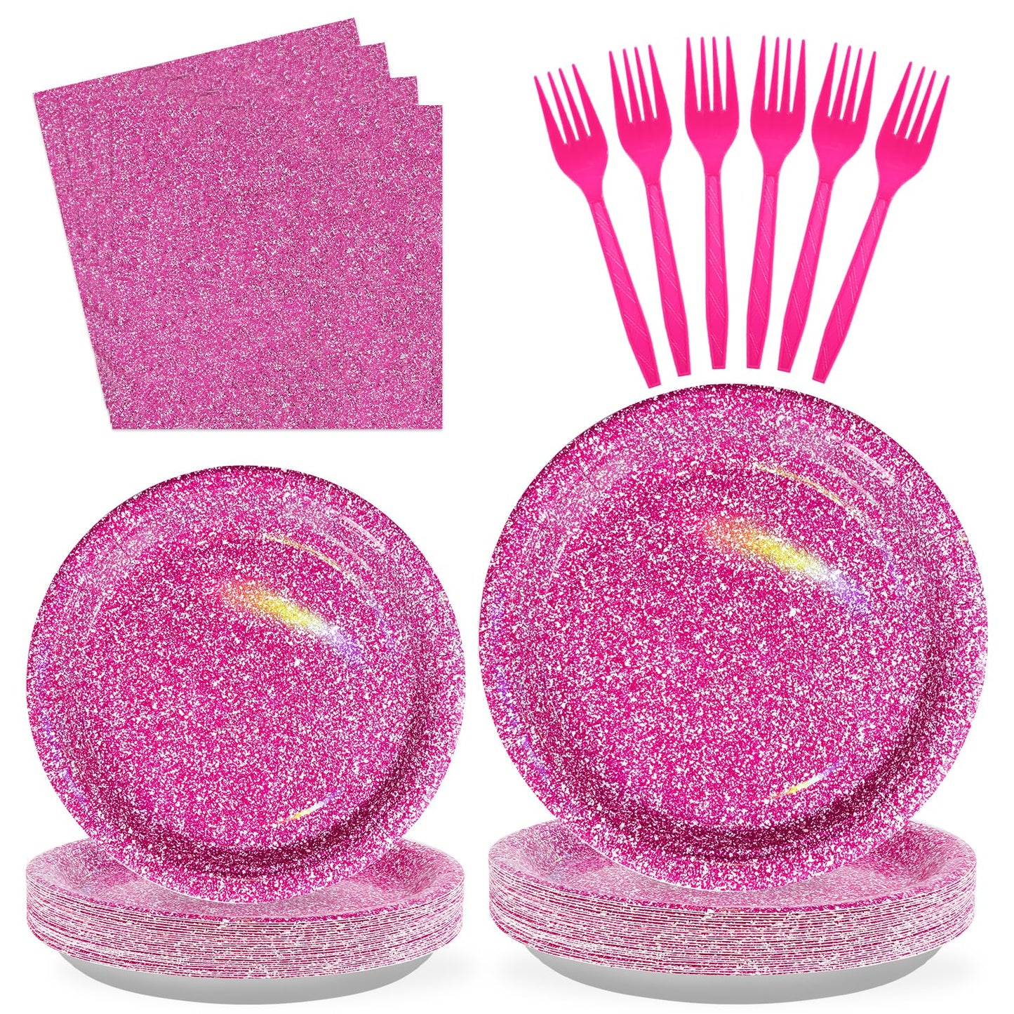 Grencian 96 Pcs Hot Pink Party Supplies – Holographic Plates & Napkins Set for 24