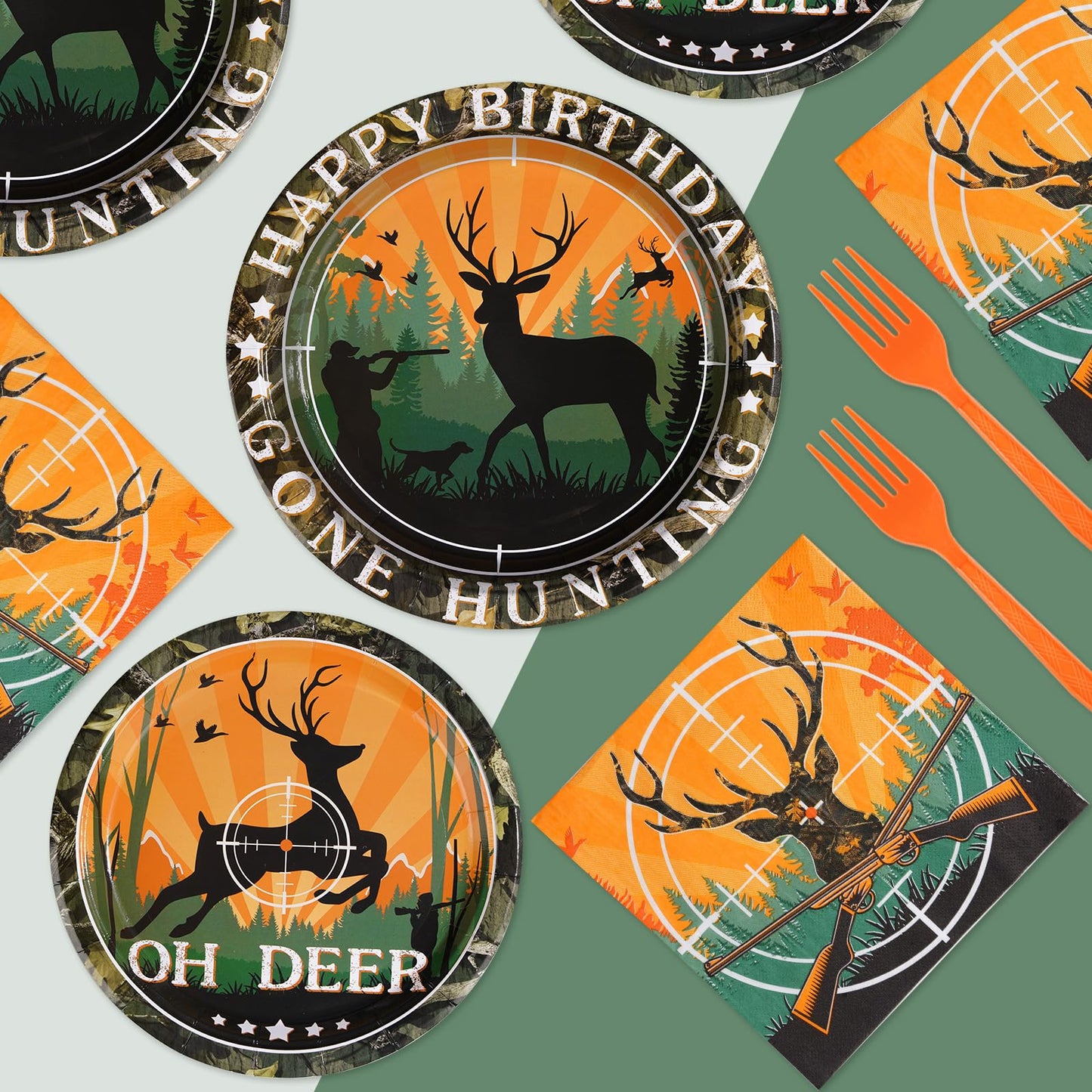 Grencian 96Pcs Hunting Camo Party Supplies – 350GSM Disposable Tableware Set for 24 Guests