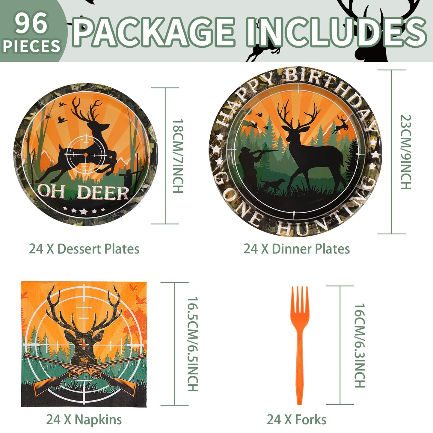 Grencian 96Pcs Hunting Camo Party Supplies – 350GSM Disposable Tableware Set for 24 Guests