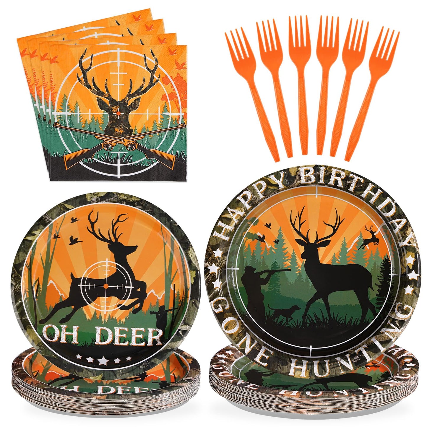 Grencian 96Pcs Hunting Camo Party Supplies – 350GSM Disposable Tableware Set for 24 Guests