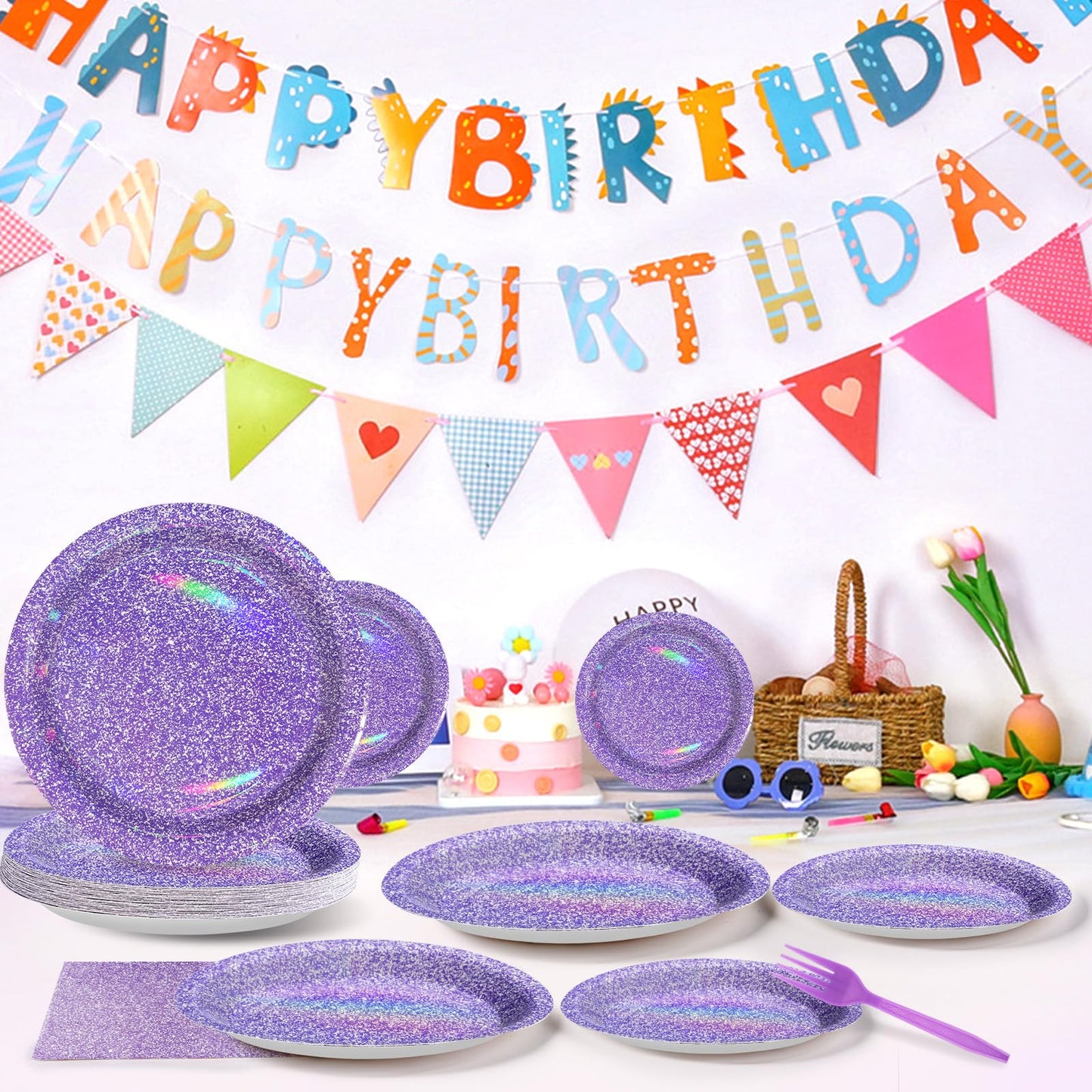 Grencian 96Pcs Purple Party Supplies – Iridescent Plates & Napkins for 24 Guests