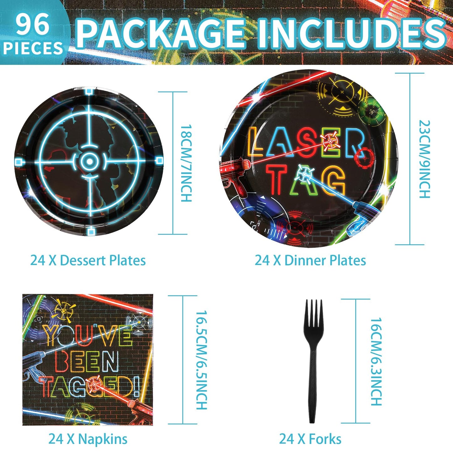 Grencian 96 Pcs Laser Tag Party Supplies Glow Neon Tableware Set Serves 24