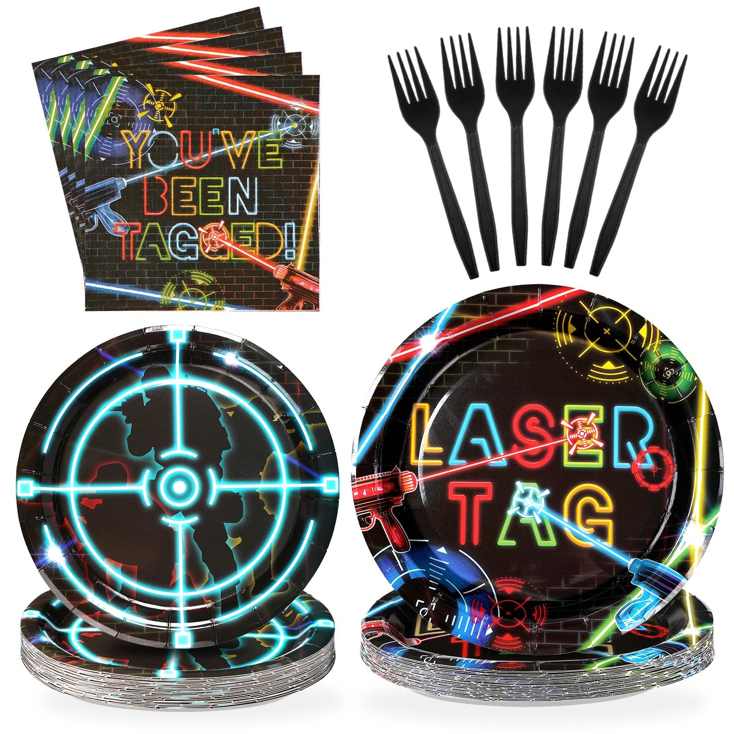 Grencian 96 Pcs Laser Tag Party Supplies Glow Neon Tableware Set Serves 24