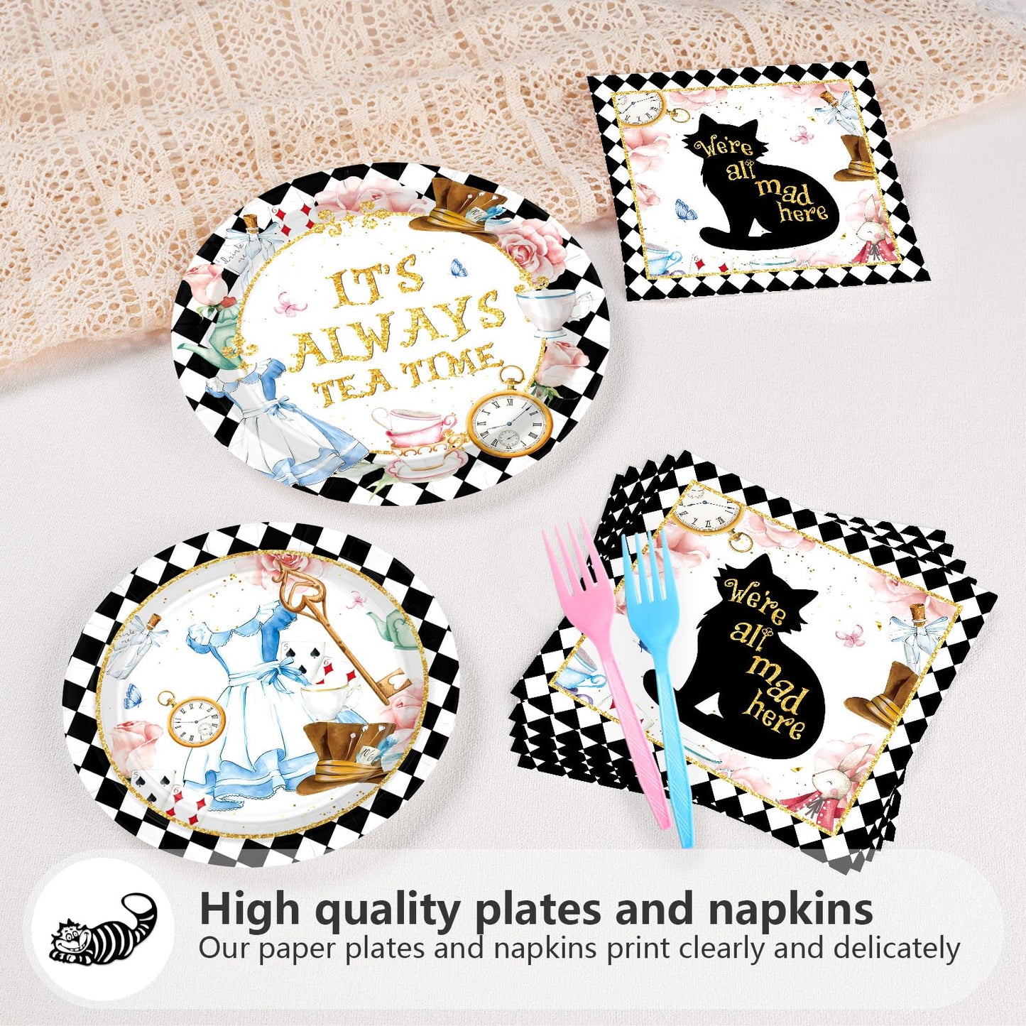 Grencian 96-Piece Alice in Onderland Party Tableware Set – Plates, Napkins & Forks for 24