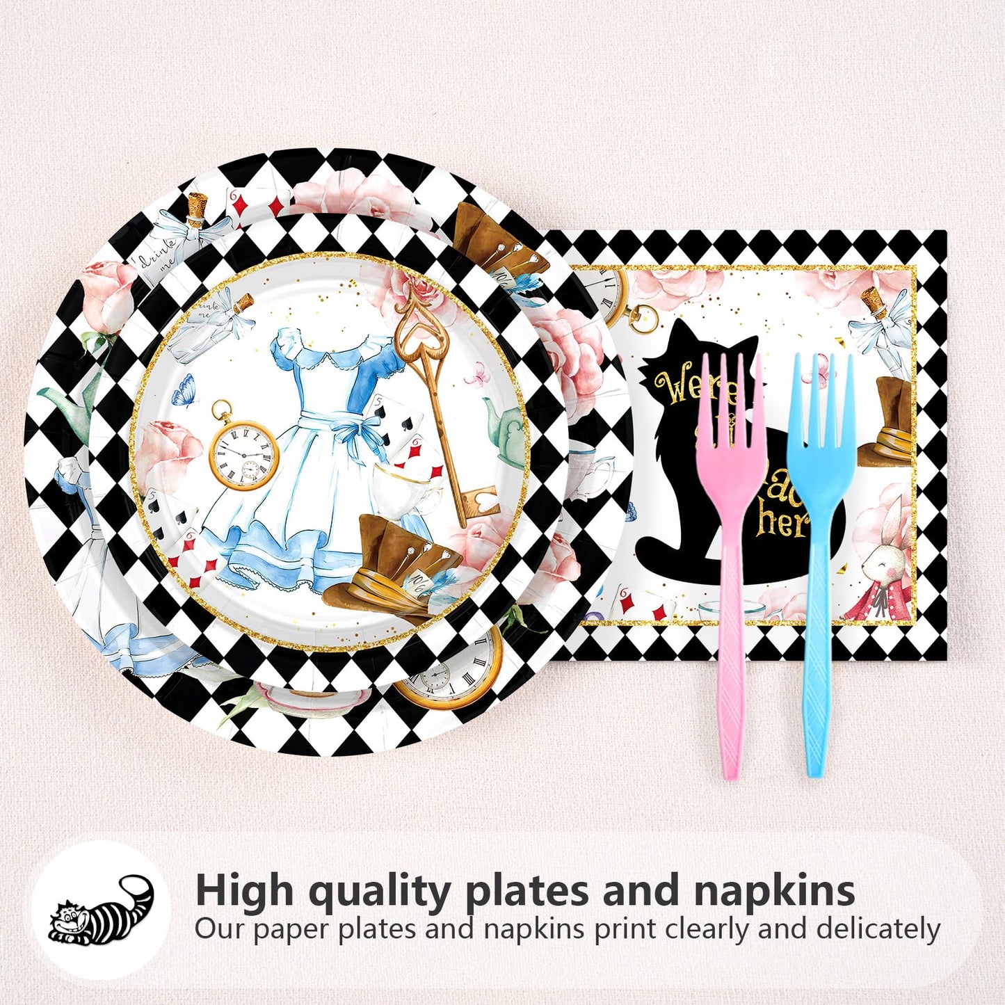 Grencian 96-Piece Alice in Onderland Party Tableware Set – Plates, Napkins & Forks for 24
