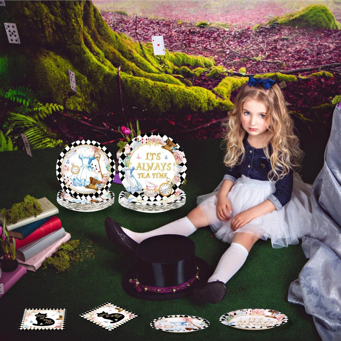 Grencian 96-Piece Alice in Onderland Party Tableware Set – Plates, Napkins & Forks for 24