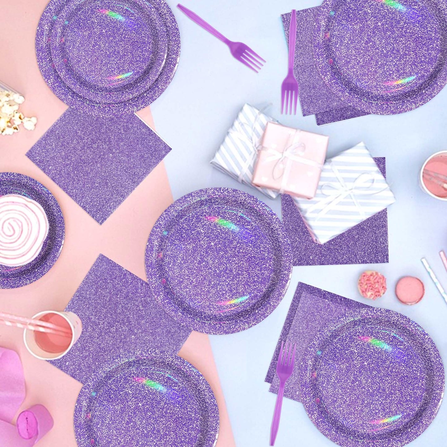 Grencian 96Pcs Purple Party Supplies – Iridescent Plates & Napkins for 24 Guests