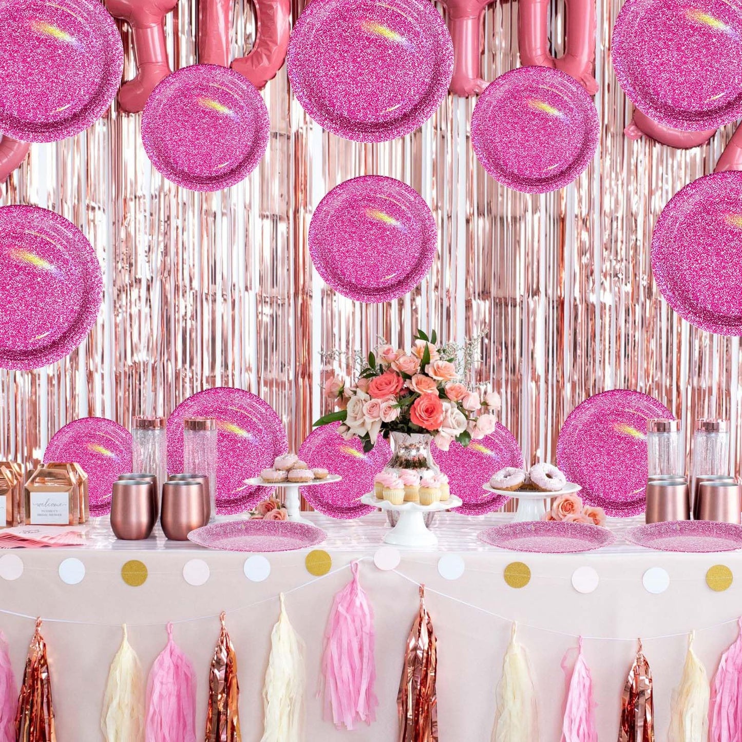 Grencian 96 Pcs Hot Pink Party Supplies – Holographic Plates & Napkins Set for 24
