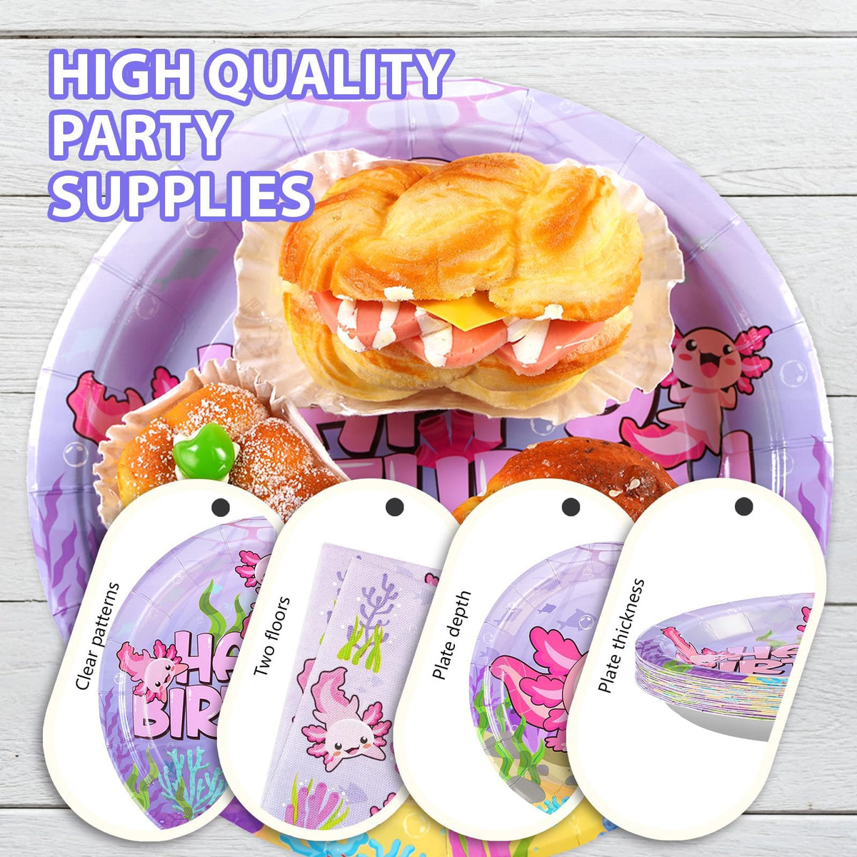 Grencian 96Pcs Axolotl Birthday Party Set – Pink Plates, Napkins & Forks (Serves 24)
