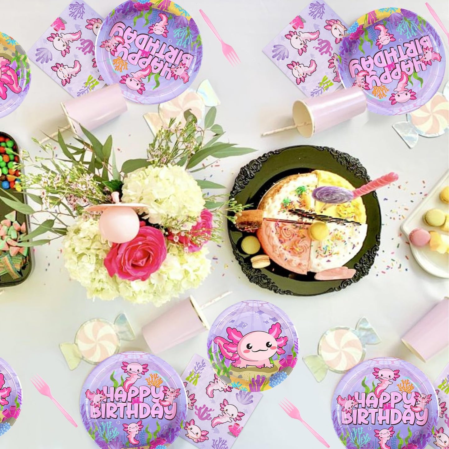 Grencian 96Pcs Axolotl Birthday Party Set – Pink Plates, Napkins & Forks (Serves 24)