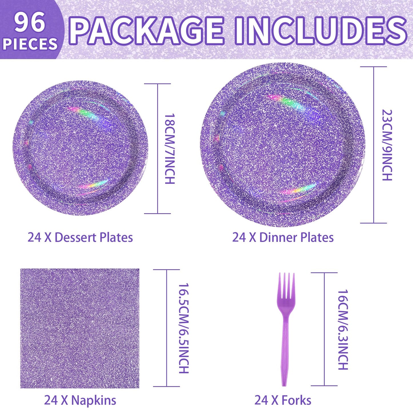 Grencian 96Pcs Purple Party Supplies – Iridescent Plates & Napkins for 24 Guests