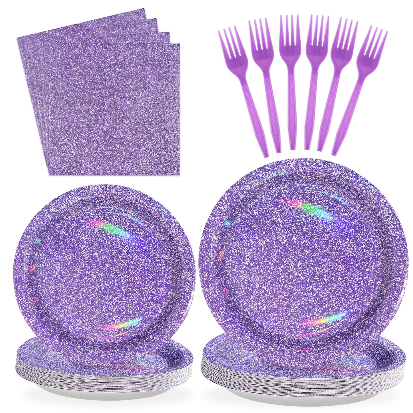 Grencian 96Pcs Purple Party Supplies – Iridescent Plates & Napkins for 24 Guests