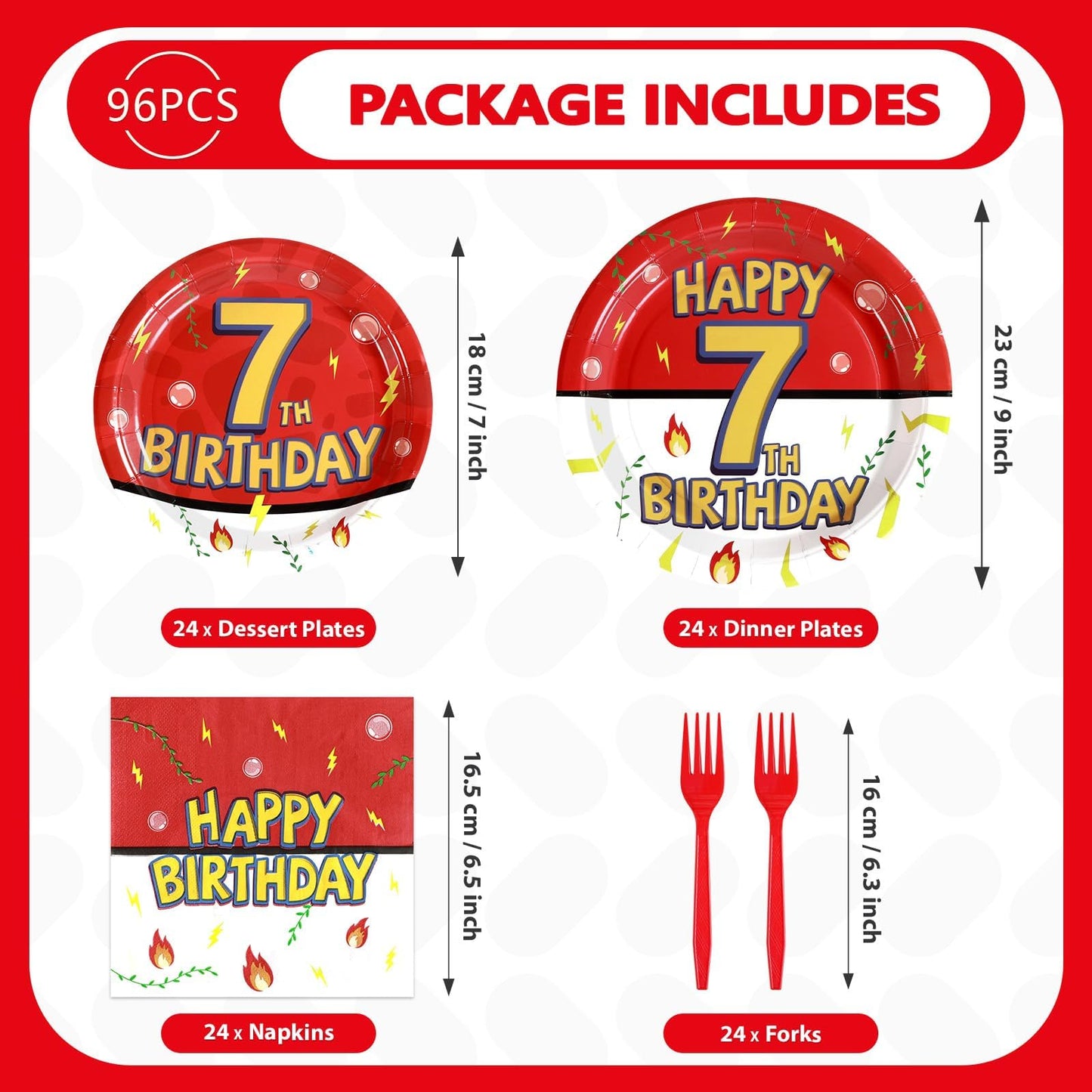 Grencian 96Pcs Happy 7th Birthday Tableware Set – Cartoon Red & White Theme, Serves 24