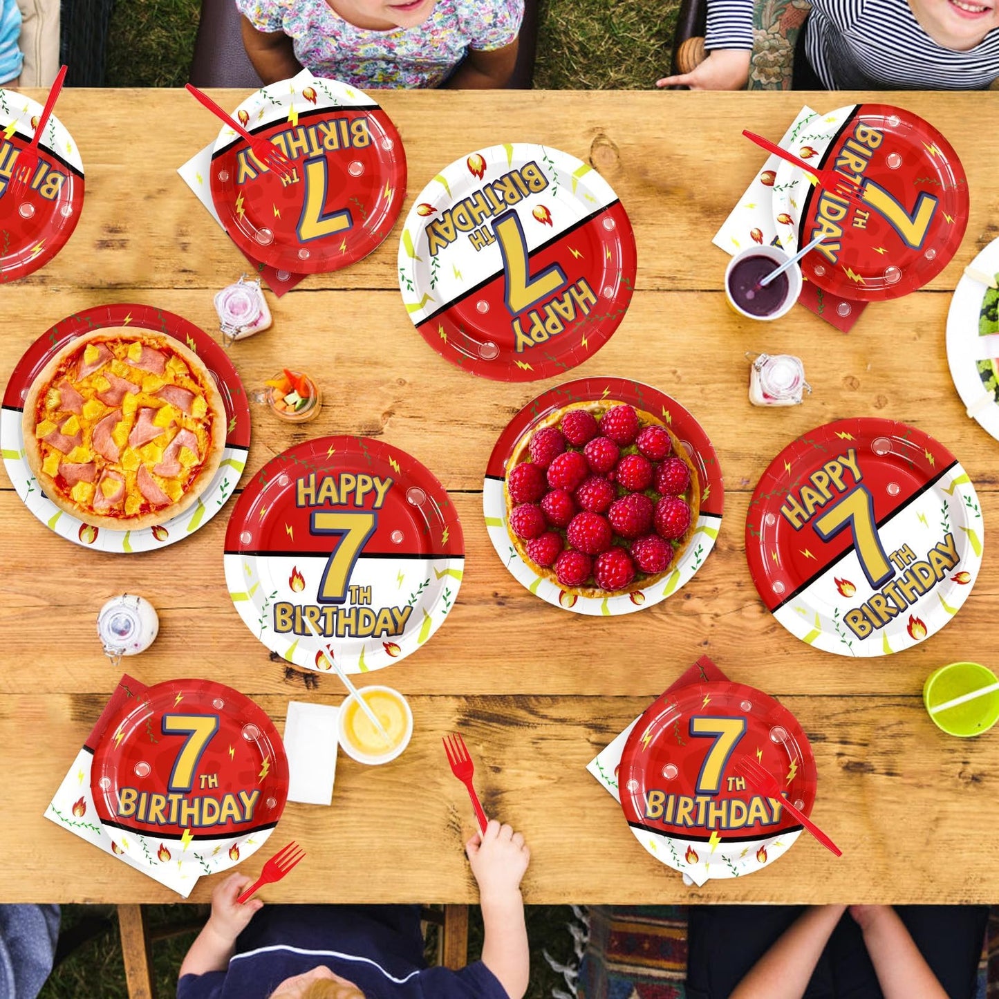 Grencian 96Pcs Happy 7th Birthday Tableware Set – Cartoon Red & White Theme, Serves 24