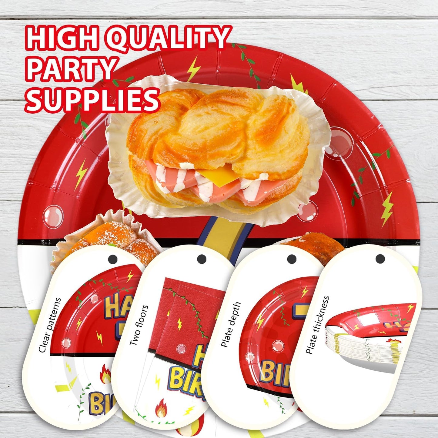 Grencian 96Pcs Happy 7th Birthday Tableware Set – Cartoon Red & White Theme, Serves 24