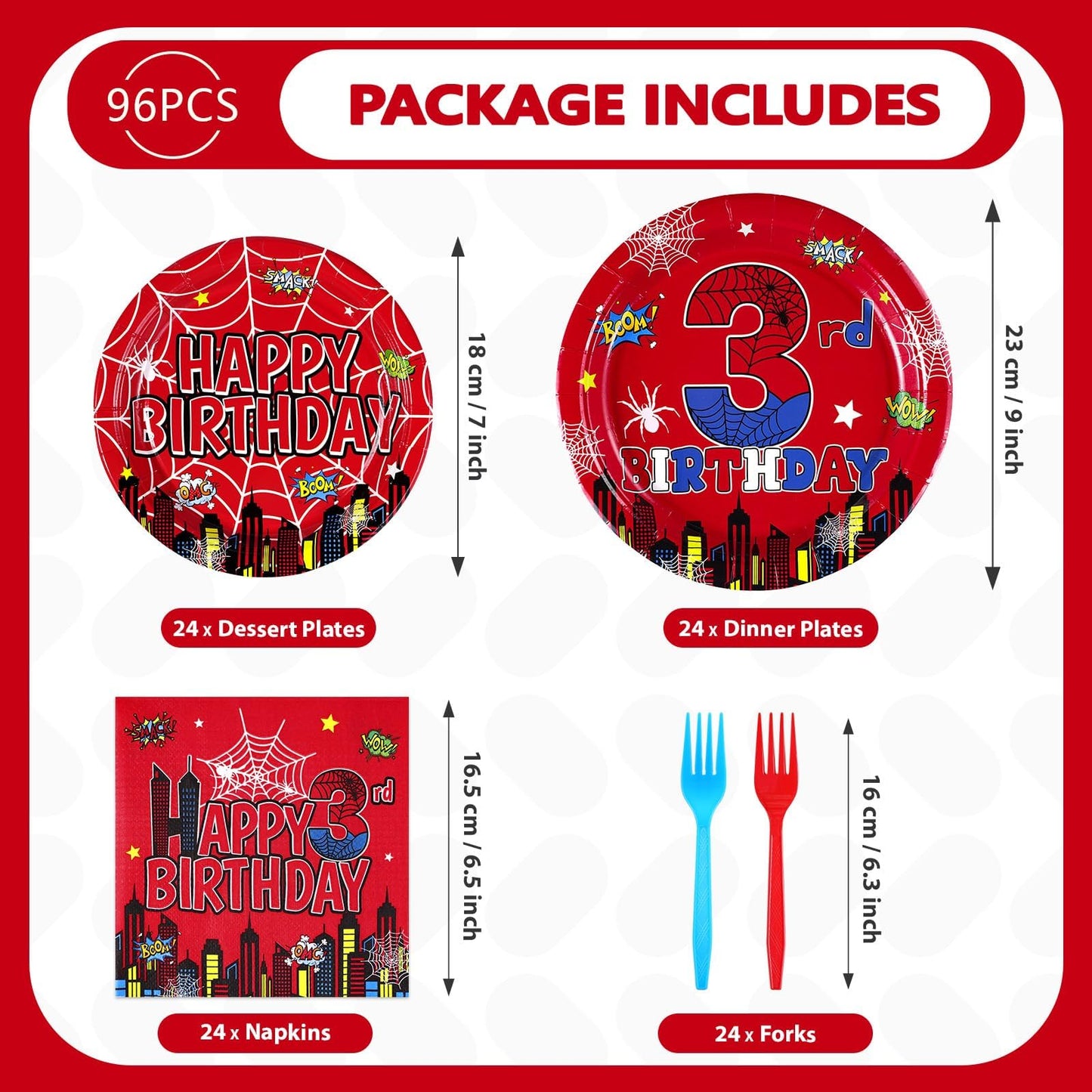 Grencian 96Pcs Spider 3rd Birthday Party Supplies – Hero Plates, Napkins & Forks (Serves 24)