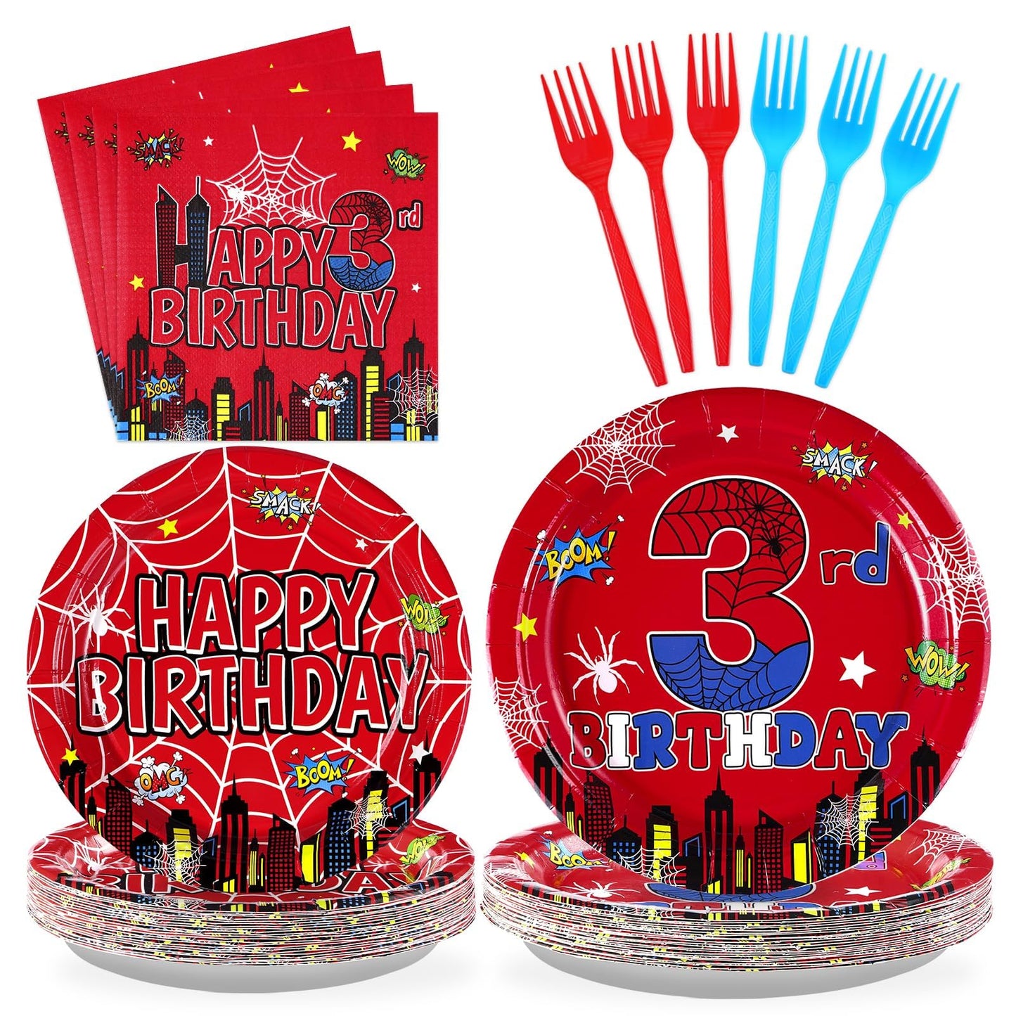 Grencian 96Pcs Spider 3rd Birthday Party Supplies – Hero Plates, Napkins & Forks (Serves 24)