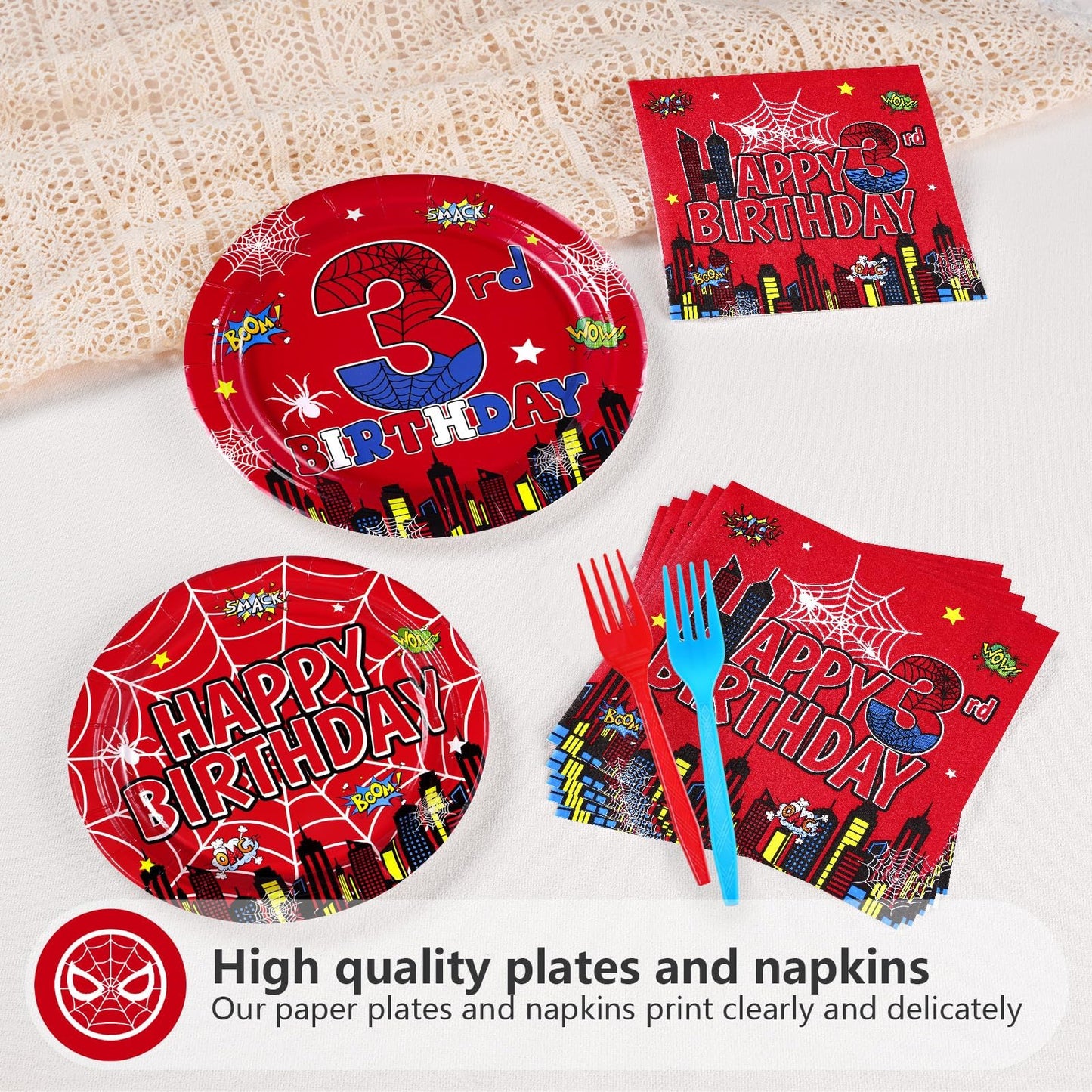 Grencian 96Pcs Spider 3rd Birthday Party Supplies – Hero Plates, Napkins & Forks (Serves 24)