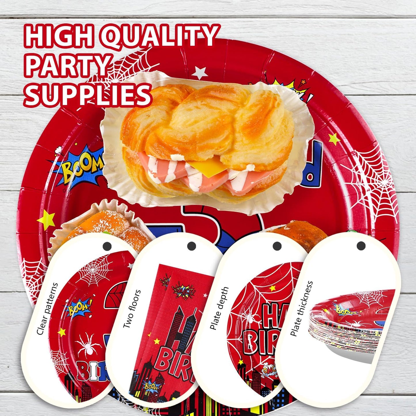 Grencian 96Pcs Spider 3rd Birthday Party Supplies – Hero Plates, Napkins & Forks (Serves 24)