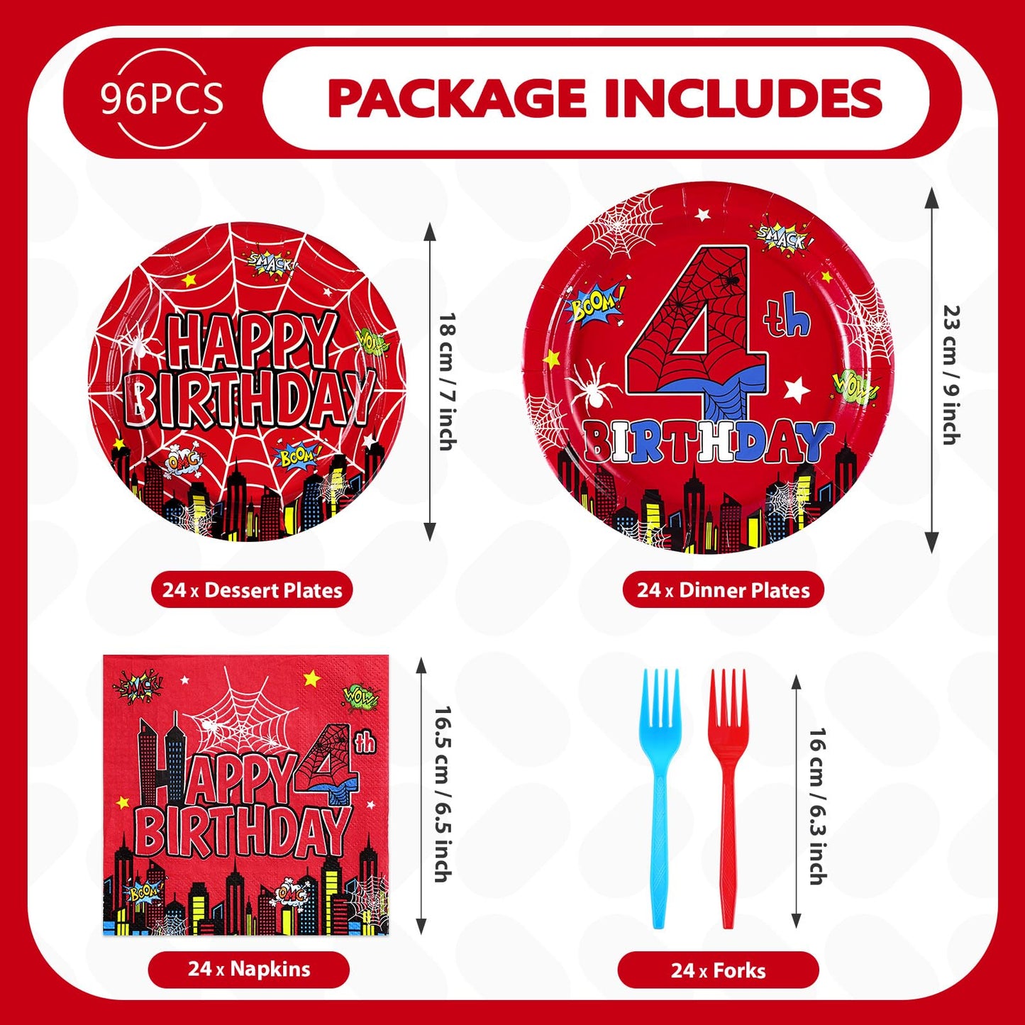 Grencian 96Pcs Spider 4th Birthday Party Supplies – 24 Guests, Red & Blue Hero Theme Plates, Napkins & Forks
