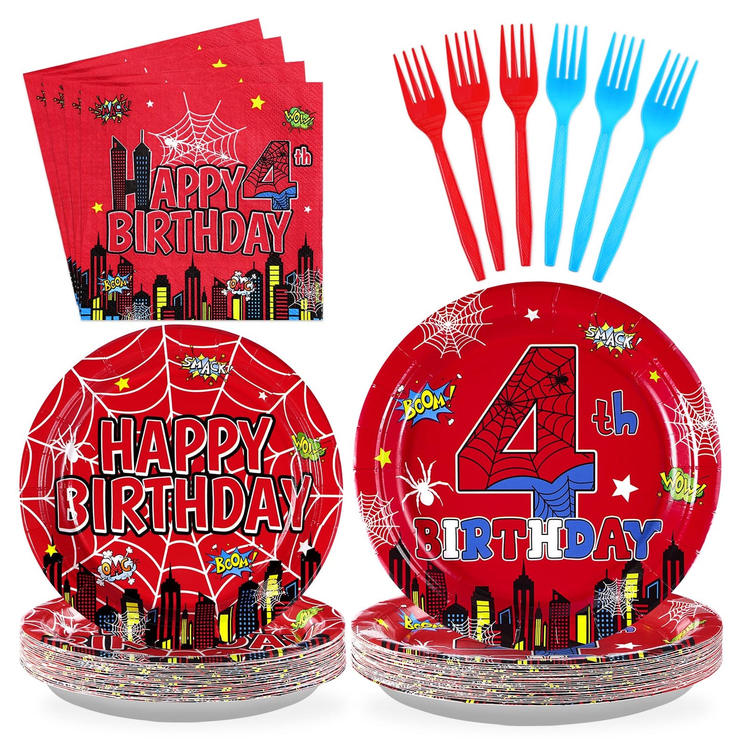 Grencian 96Pcs Spider 4th Birthday Party Supplies – 24 Guests, Red & Blue Hero Theme Plates, Napkins & Forks