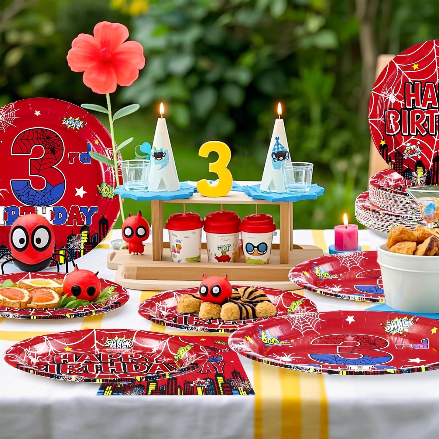 Grencian 96Pcs Spider 3rd Birthday Party Supplies – Hero Plates, Napkins & Forks (Serves 24)