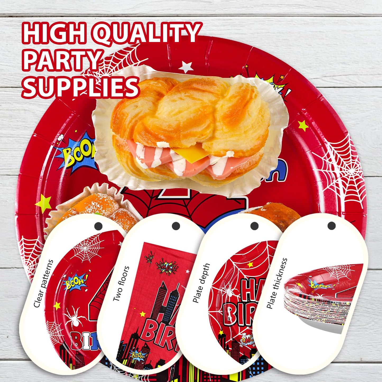 Grencian 96Pcs Spider 4th Birthday Party Supplies – 24 Guests, Red & Blue Hero Theme Plates, Napkins & Forks