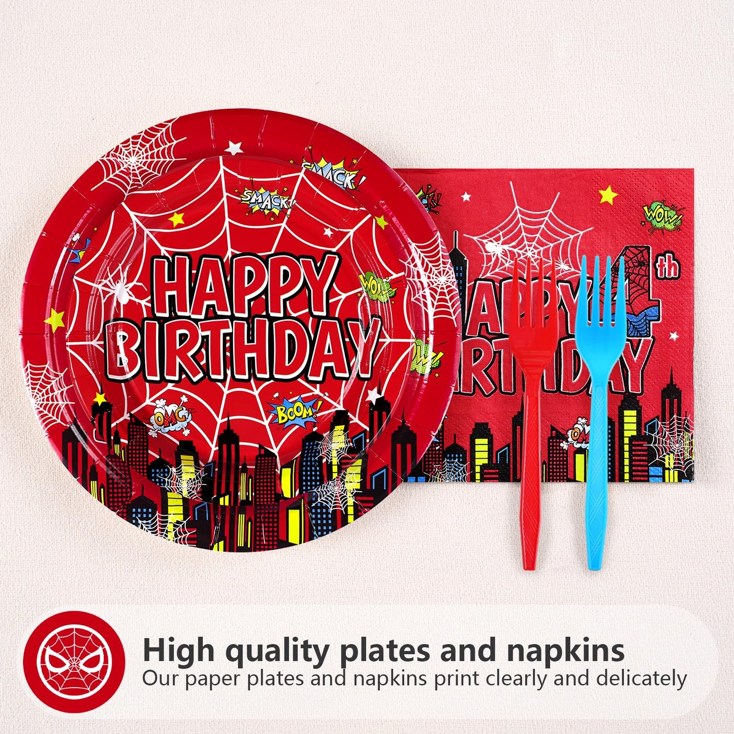 Grencian 96Pcs Spider 4th Birthday Party Supplies – 24 Guests, Red & Blue Hero Theme Plates, Napkins & Forks