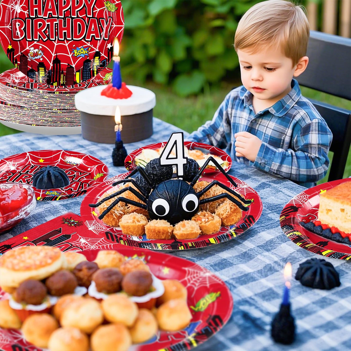 Grencian 96Pcs Spider 4th Birthday Party Supplies – 24 Guests, Red & Blue Hero Theme Plates, Napkins & Forks