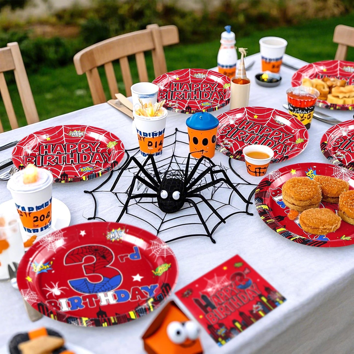 Grencian 96Pcs Spider 3rd Birthday Party Supplies – Hero Plates, Napkins & Forks (Serves 24)