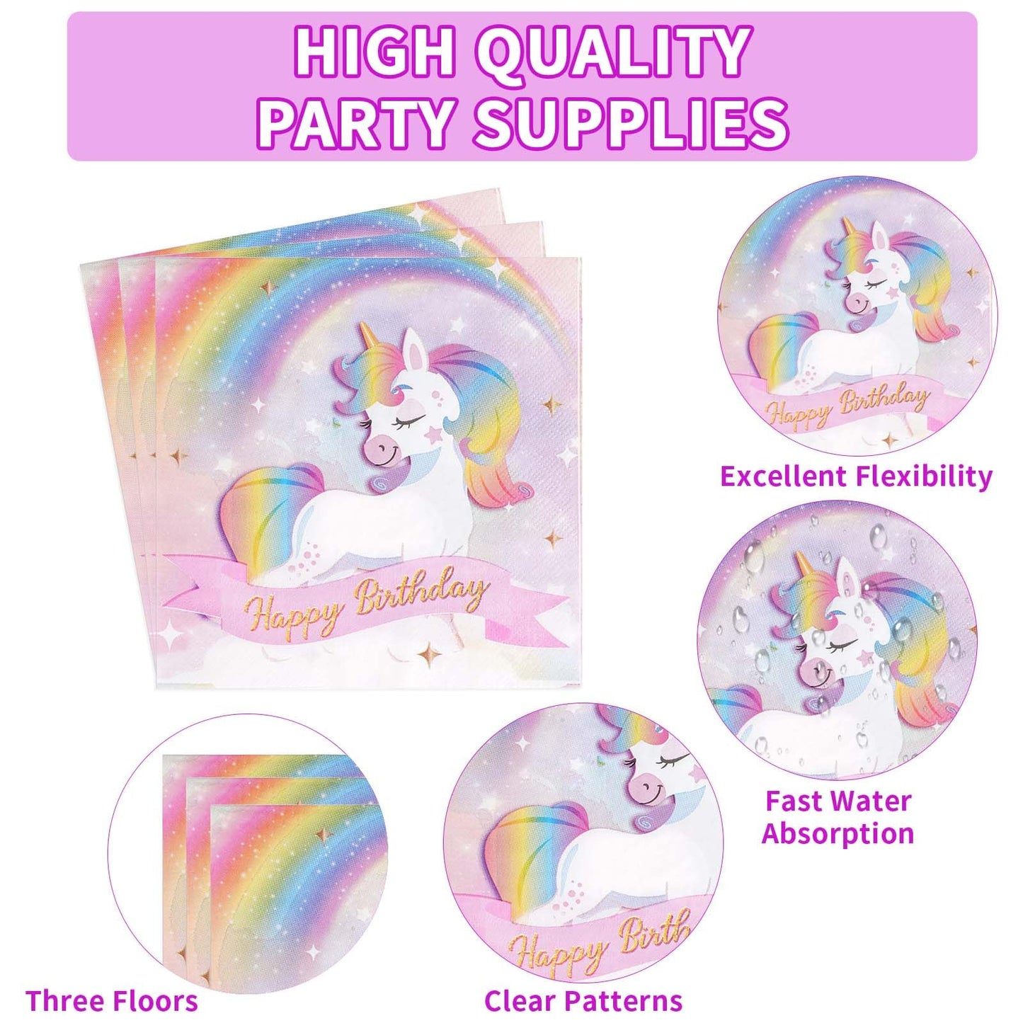 Grencian 96 Pcs Unicorn Birthday Party Set – Rainbow Plates, Napkins & Forks for 24