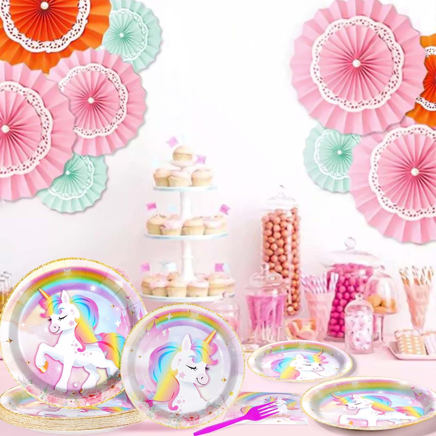 Grencian 96 Pcs Unicorn Birthday Party Set – Rainbow Plates, Napkins & Forks for 24