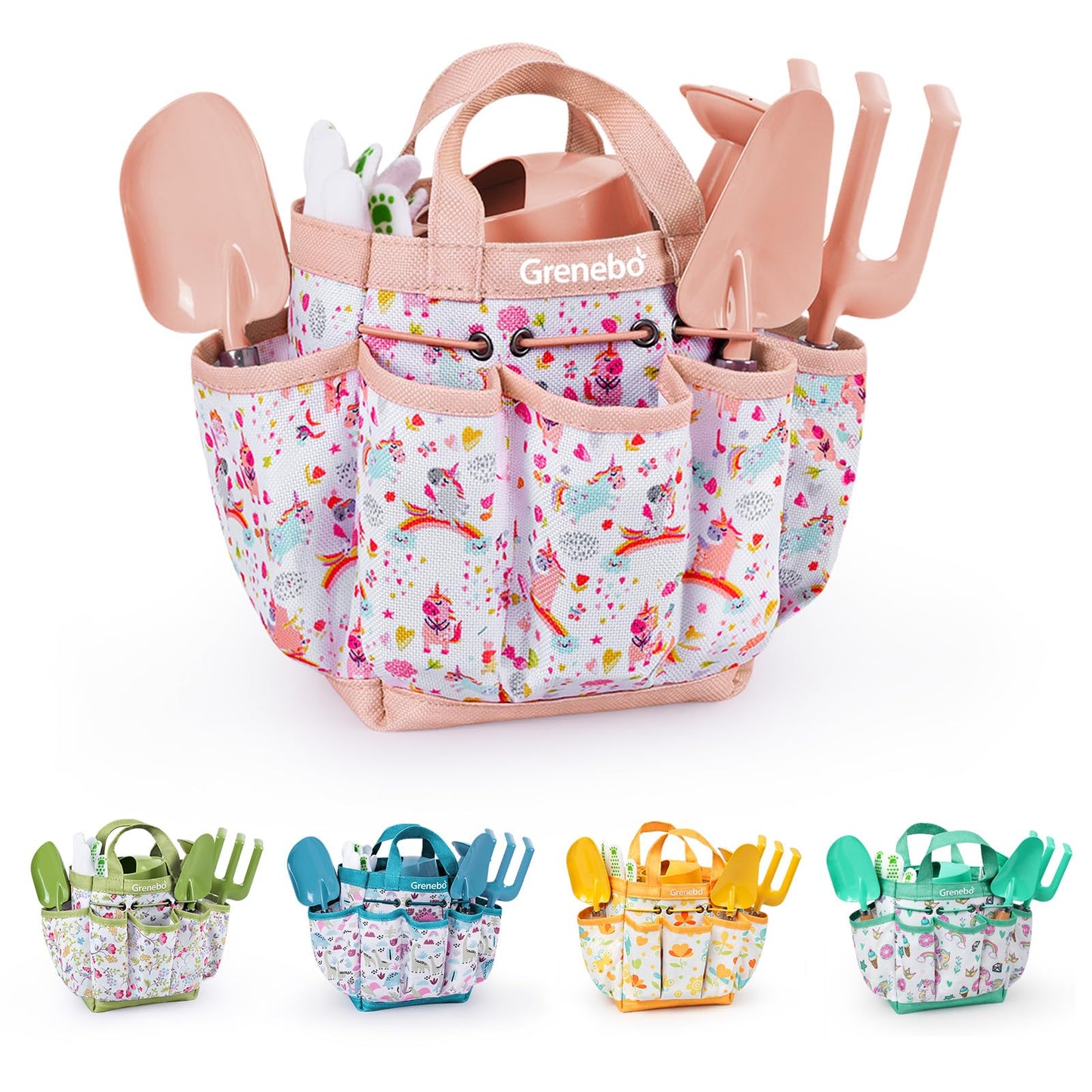 Grenebo Kids Gardening Set – 9-Piece Pink Garden Tool Kit for Kids