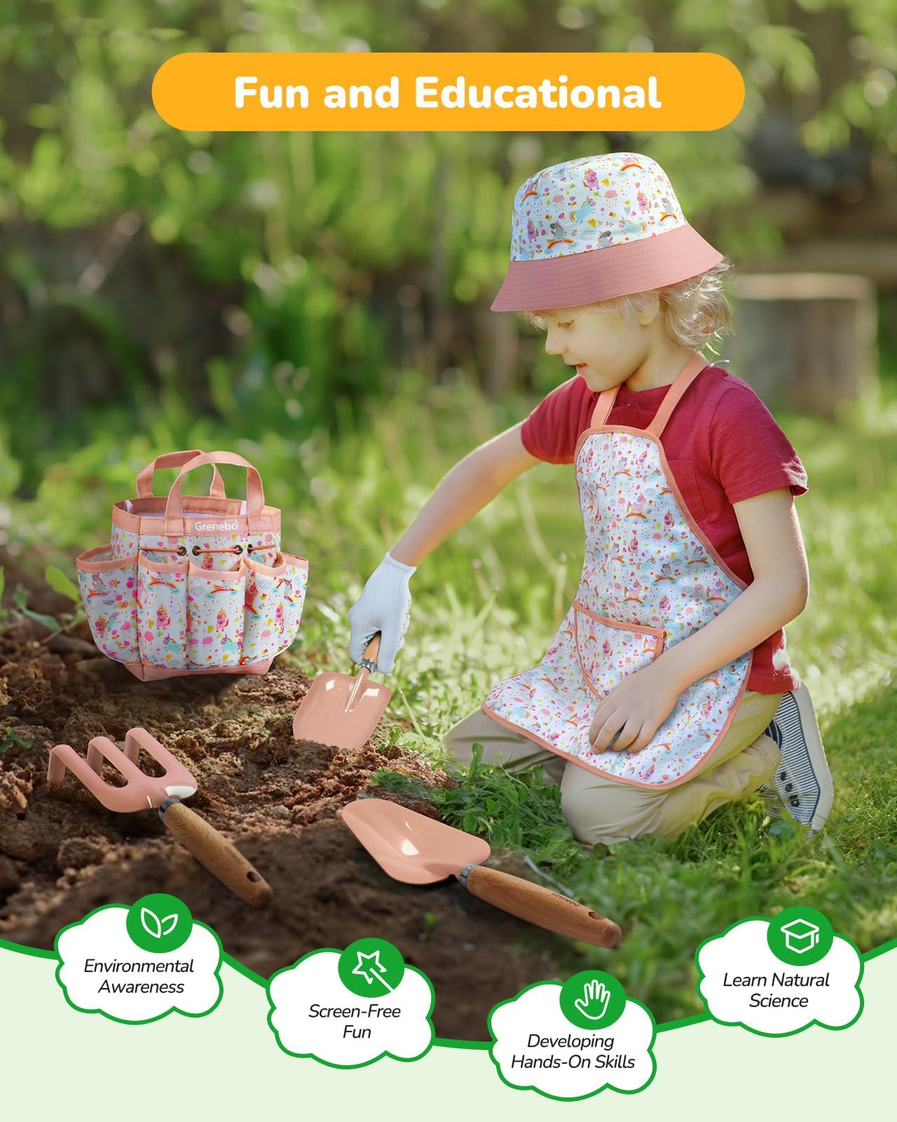 Grenebo Kids Gardening Set – 9-Piece Pink Garden Tool Kit for Kids