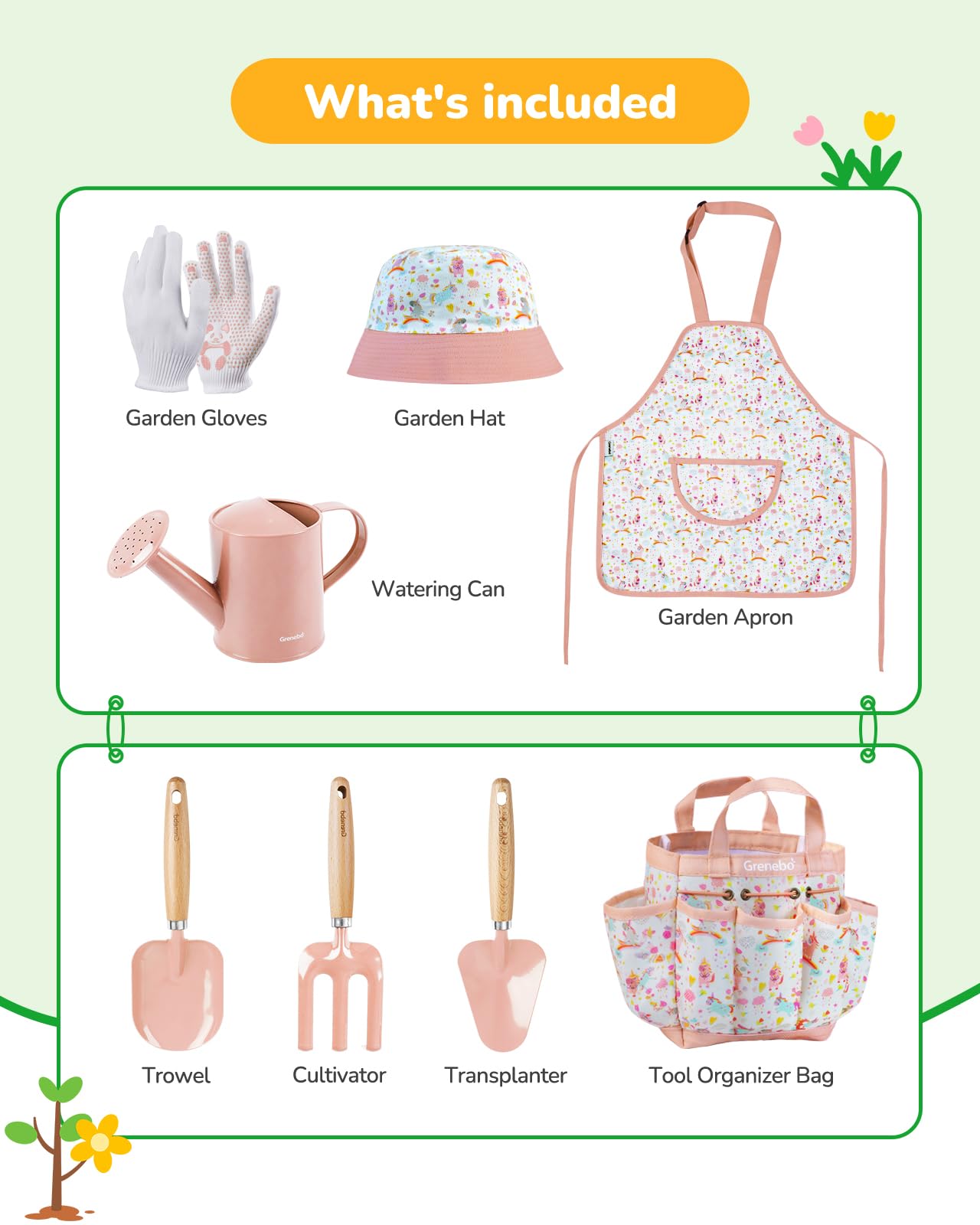 Grenebo Kids Gardening Set – 9-Piece Pink Garden Tool Kit for Kids