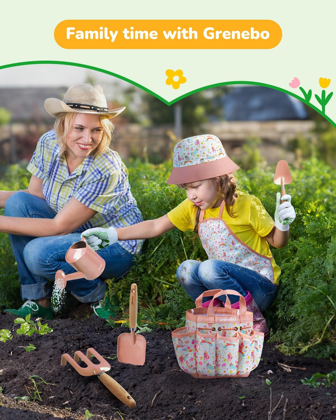 Grenebo Kids Gardening Set – 9-Piece Pink Garden Tool Kit for Kids
