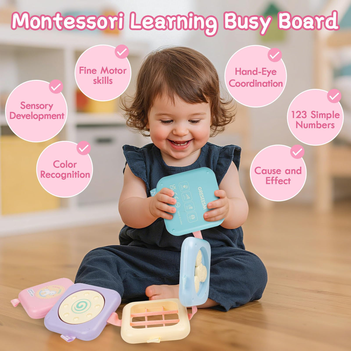 GRESEESM Montessori Busy Board for Toddlers | 7-Panel Sensory & Fine Motor Toy – Travel Ready Gift