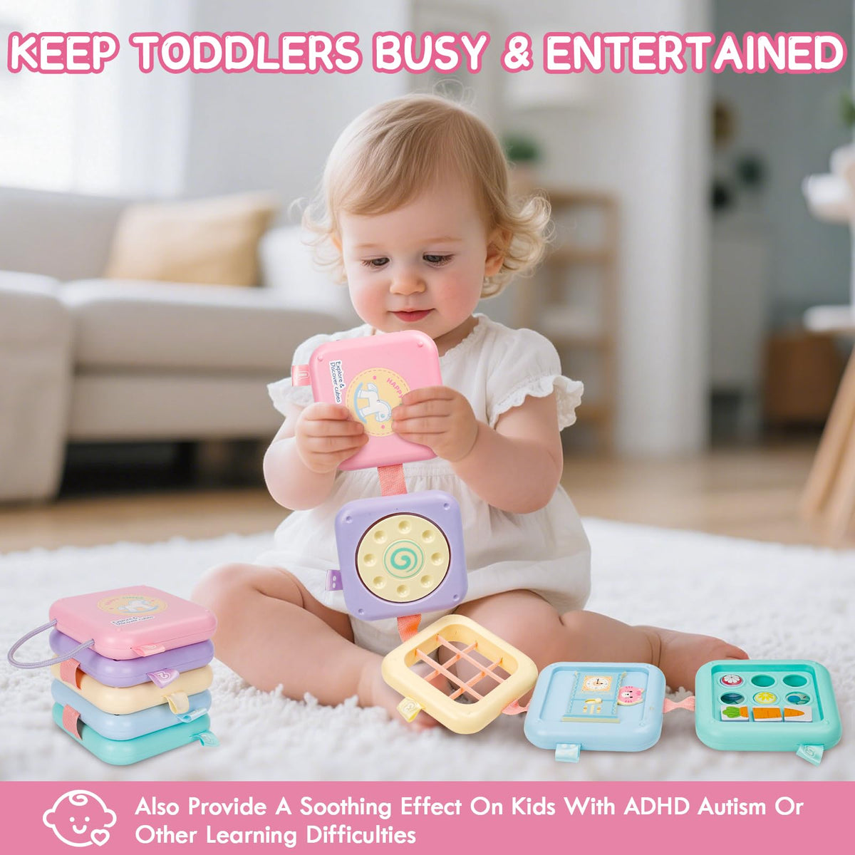 GRESEESM Montessori Busy Board for Toddlers | 7-Panel Sensory & Fine Motor Toy – Travel Ready Gift