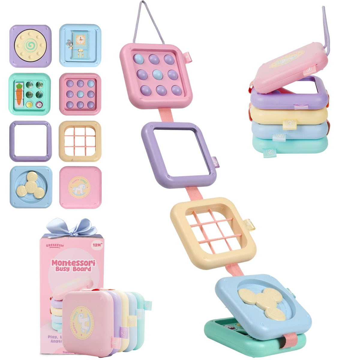GRESEESM Montessori Busy Board for Toddlers | 7-Panel Sensory & Fine Motor Toy – Travel Ready Gift