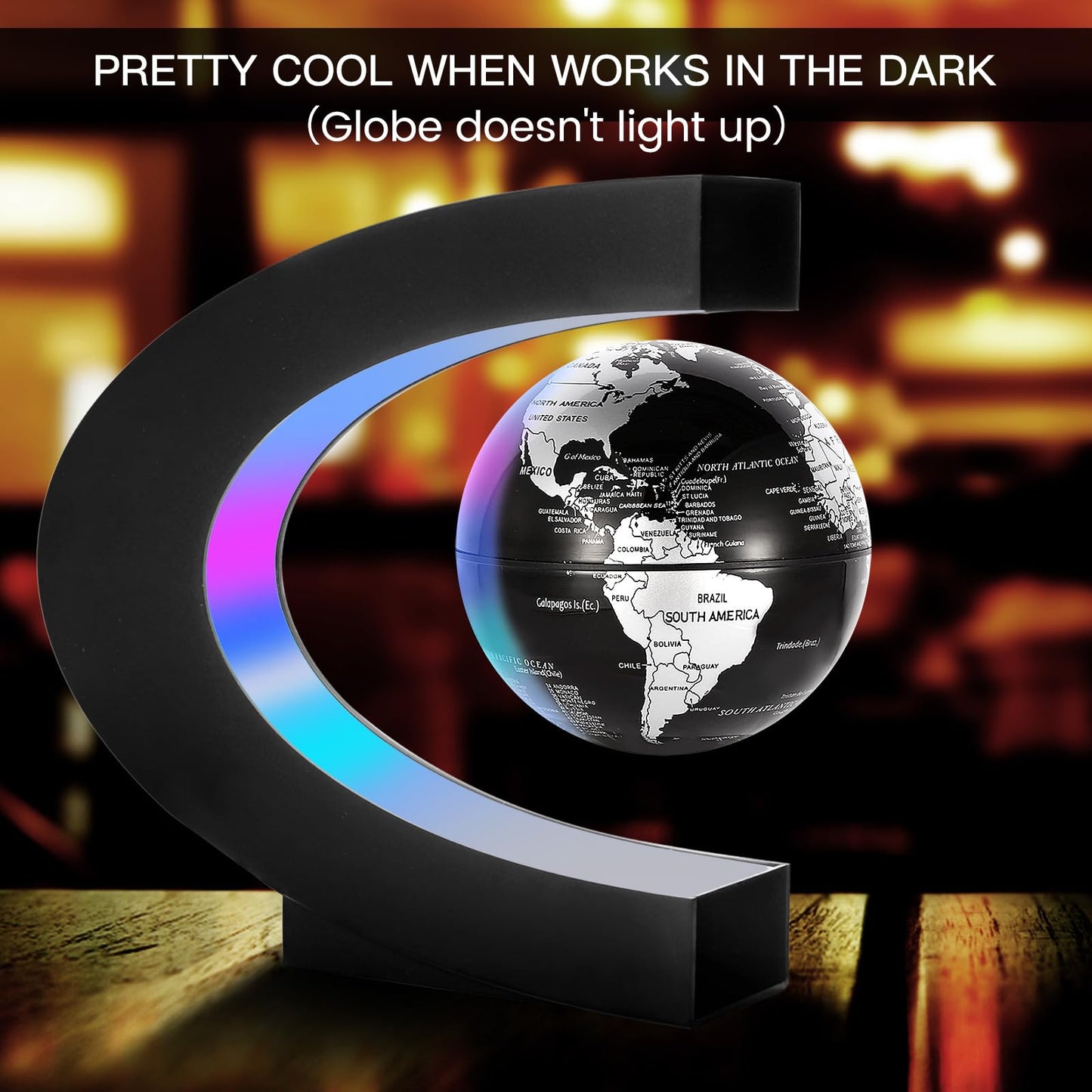 Gresus Magnetic Levitation World Map Globe — C-Shape LED Frame Desk Decor (Globe Doesn’t Light Up), Black