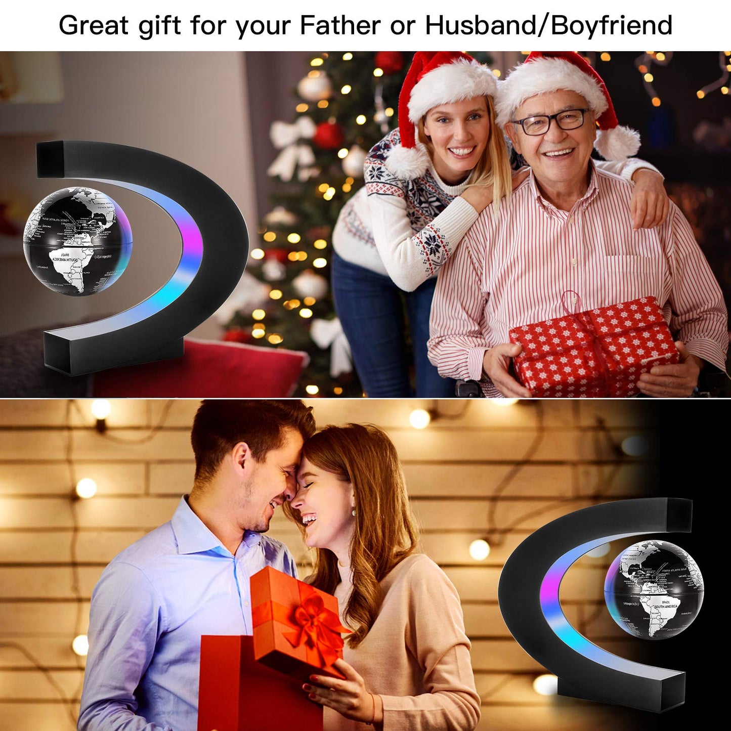 Gresus Magnetic Levitation World Map Globe — C-Shape LED Frame Desk Decor (Globe Doesn’t Light Up), Black