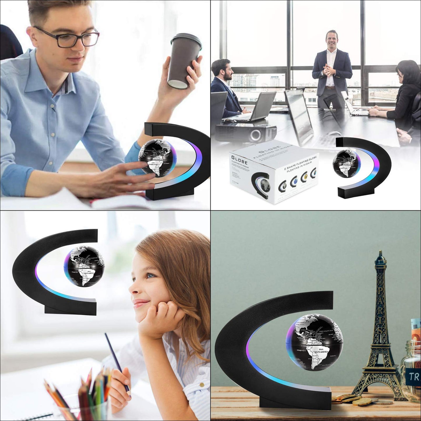 Gresus Magnetic Levitation World Map Globe — C-Shape LED Frame Desk Decor (Globe Doesn’t Light Up), Black